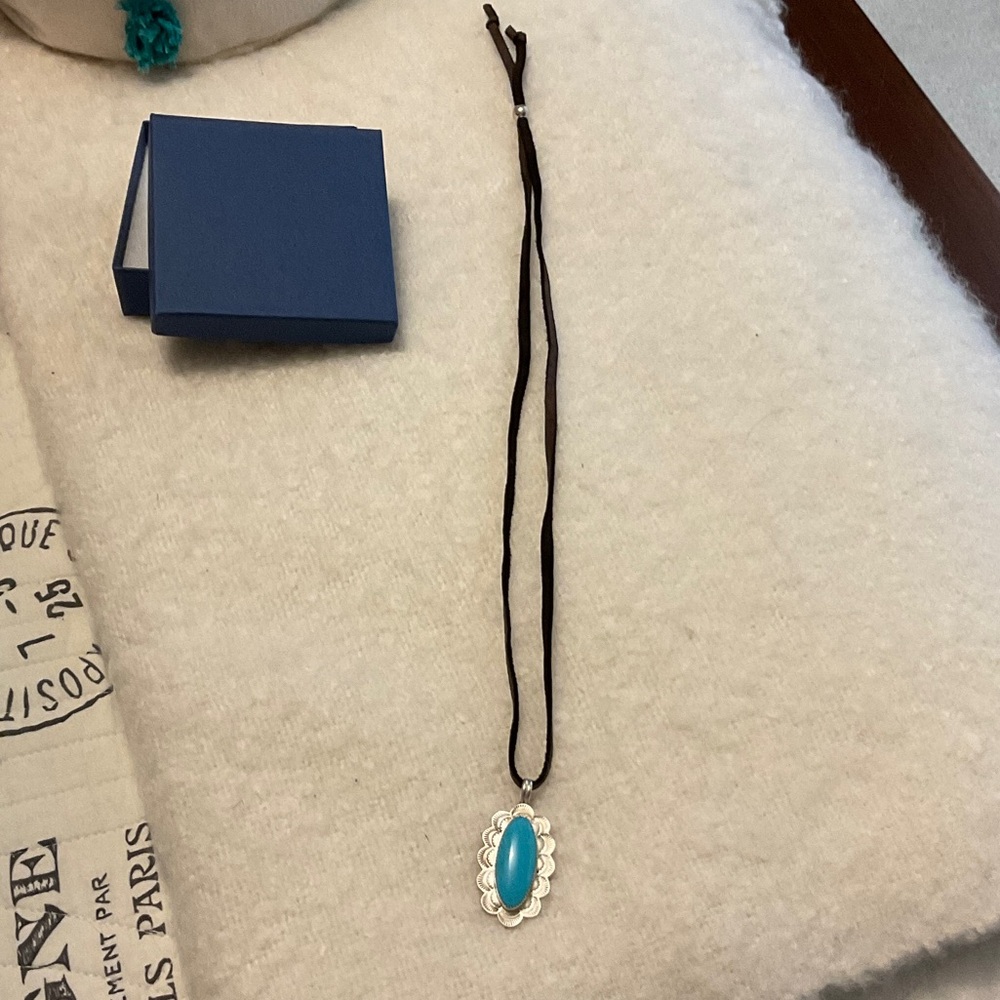 Sterling silver and turquoise Oval Pendant Necklace with Scalloped Setting.